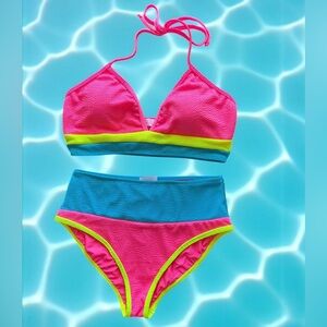 NWOT - Pink Lily Hot Pink Colorblock High-Waisted Bikini Set - XL